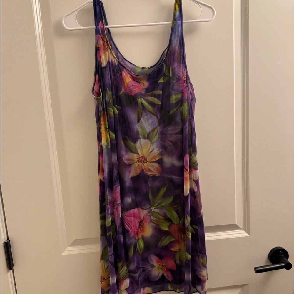 Y2K Purple Floral Mesh Lightweight Women's Tank Dress Swim Coverup Medium